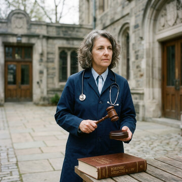 Professional Woman Holds Gavel And Stethoscope Beside Law Book Outdoors