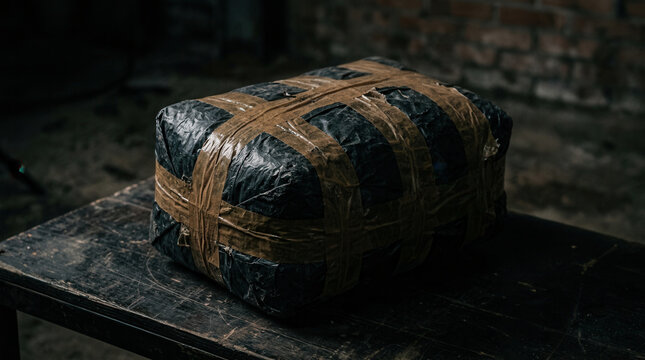 Mysterious Package Wrapped In Black Plastic And Brown Tape On Wooden Table