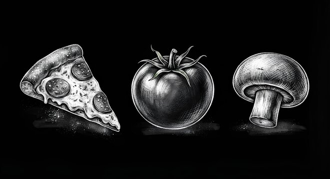 Hand-drawn chalk illustration of a slice of pepperoni pizza, a whole tomato, and a mushroom isolated on black chalkboard background