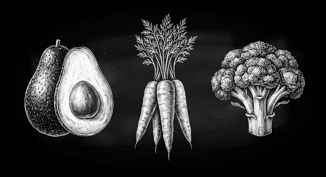 Hand-drawn chalk illustration of a fresh avocado, a bunch of carrots, and organic green broccoli isolated on black chalkboard background