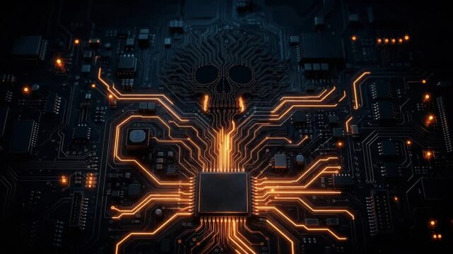 Technology and artificial intelligence threat concept: glowing orange skull forming on a microchip circuit on a dark motherboard