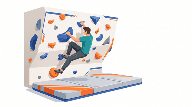 Young man climbing on an indoor rock climbing wall with safety mats  