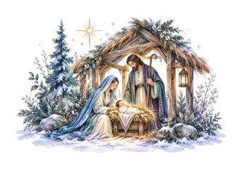 Obraz premium PNG Watercolor nativity scene with Mary, Joseph, baby Jesus and stable