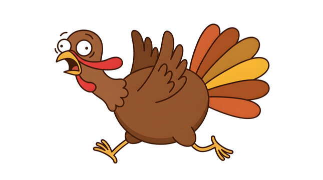 A cartoon illustration of a startled turkey running with its wings outstretched and its mouth open in a state of panic and fright