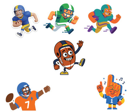 Flat vector American football sticker pack featuring cartoon players, a playful football mascot, and a foam finger character isolated on a white background