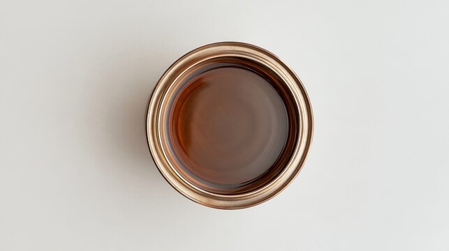 Top view of a container with dark brown fuel-like liquid on a clean white background, conceptual image of gasoline supply, fuel shortage and energy crisis