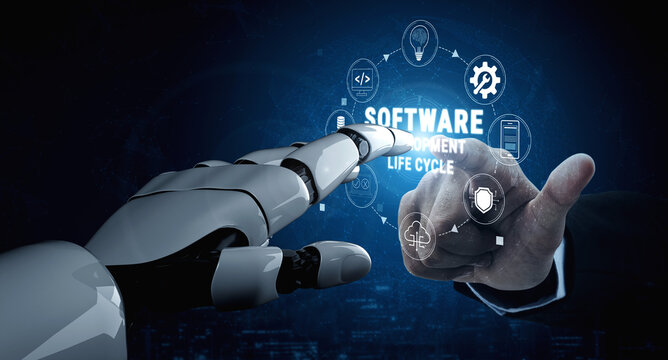 Robot Hand Interacting with Digital Interface Representing Software Development Life Cycle and Technology Concepts Quark.