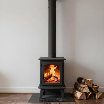 A black wood-burning stove stands in a minimalist interior amidst flames and firewood under soft natural light.