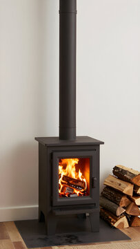 Wood stove burning with logs in a cozy indoor setting, perfect for winter product photography