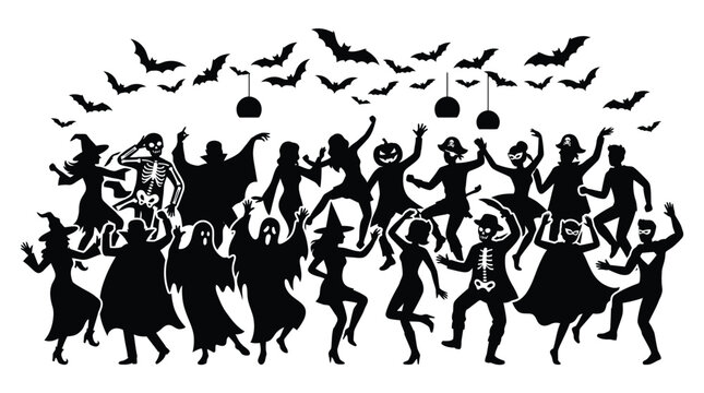 Halloween party silhouettes featuring dancing people in costumes like ghosts vampires skeletons and bats under decorative round pendant hanging lights