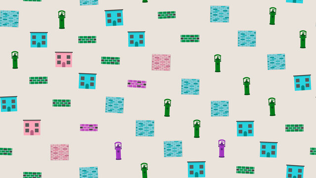 Pattern of houses, brick walls, and street lamps