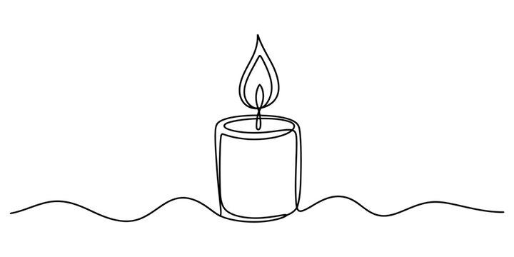 A simple continuous line drawing of a burning candle with a bright flame flickering above the wax cylinder representing peace and relaxation in a minimal art style for home decor designs