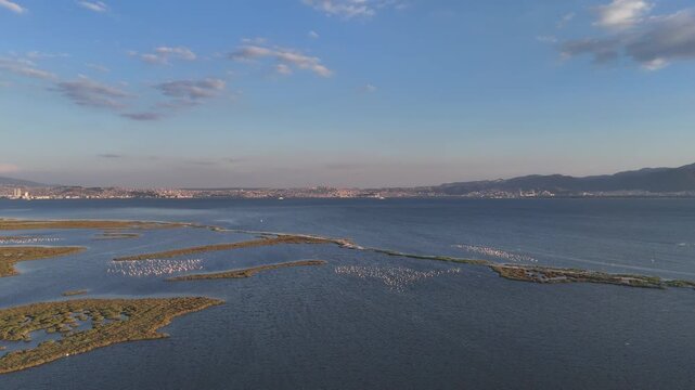 View of Gediz Delta with flamingos and Izmir city,  a major protected coastal wetland covering about 40,000 hectares at the confluence of the Gediz River and the Gulf of İzmir.