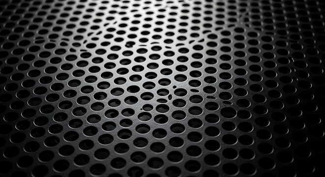 Perforated Black Metal Sheet Surface Texture with Round Holes and Dramatic Lighting