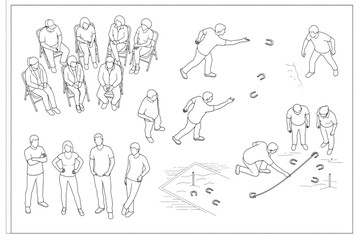 Fototapeta premium Set of architectural line drawings of people playing horseshoes and relaxing in poses