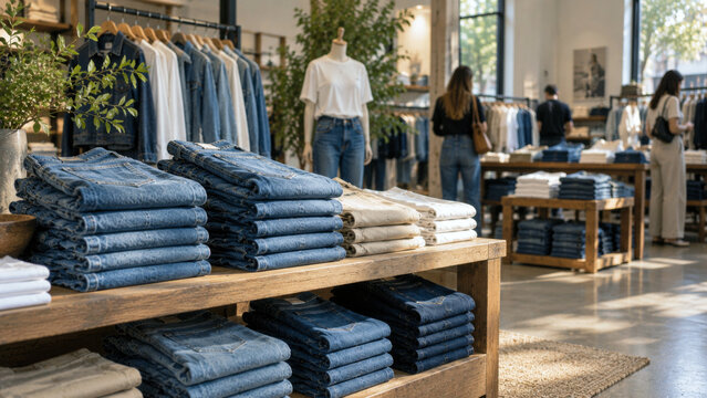 Stacks of folded jeans and casual clothing displayed in a modern apparel store with shoppers browsing in the background, representing fashion retail and shopping