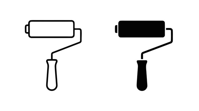 Vector illustration of paint roller icon set, outline and solid style on a transparent background