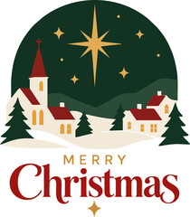 Fototapeta premium Merry Christmas Greeting with Snowy Village, Church, Pine Trees and Golden Star