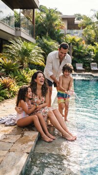 A happy family enjoys a sunny day by their luxurious poolside villa, with parents watching their children play in the refreshing water.