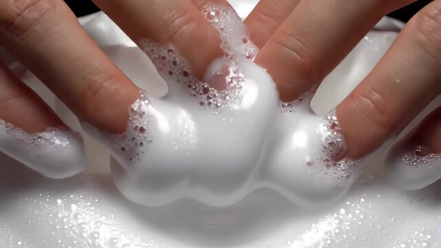 Hands kneading, stretching, and pressing glossy white slime through a satisfying sensory sequence with bubbles, folds, and changing tactile texture.