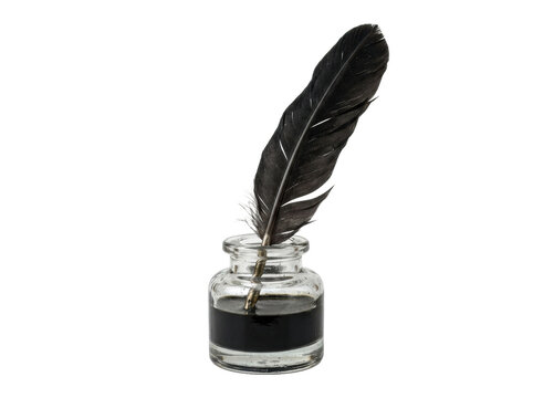 Vintage Quill Pen In Glass Inkwell