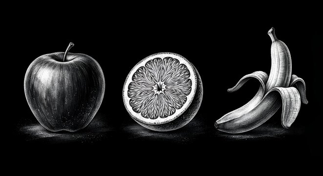 Chalk Drawn Apple Orange and Banana Isolated Elements