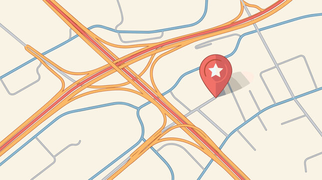 Flat design vector illustration of a road map with a red location pin marker and star icon