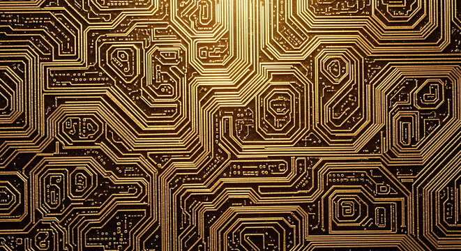 Abstract golden electronic circuit board pattern with intricate lines and metallic textures for futuristic technology background design