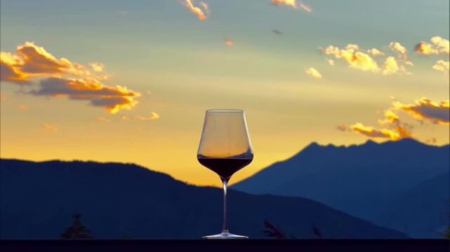 glass of wine
a long-stemmed glass of red wine placed outdoors against a scenic mountain landscape at dusk.