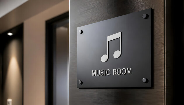 Modern black music room sign with eighth note icon mounted on dark wood wall