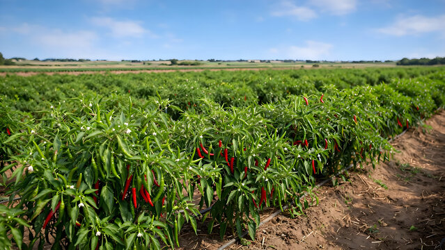 Wide green chili pepper field under a bright blue sky for organic agriculture industry promos