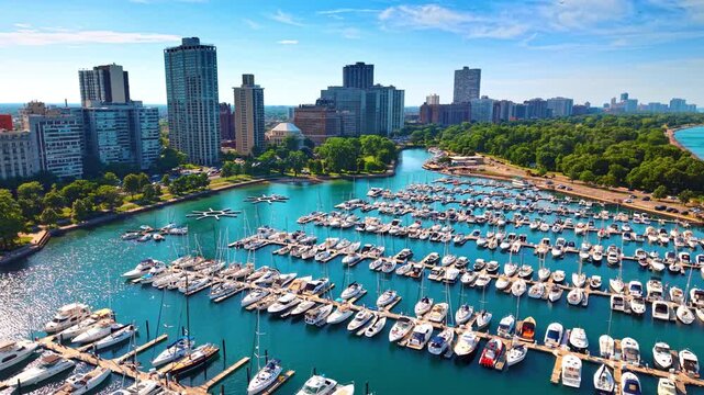 Numerous yachts and boats at the berths in beautiful harbor. Lush greenery and high-rise buildings in the backdrop. Chicago, Illinois, USA.