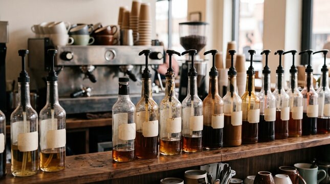 Collection of flavored syrup pump bottles on rustic coffee shop counter with espresso machine, cups and cafe equipment in background