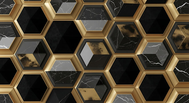 Abstract luxury background with black marble and gold hexagonal geometric tiles in a modern 3d pattern