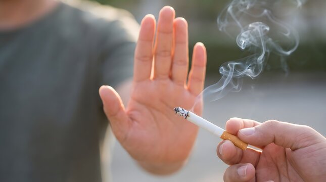 Man Hand Gesturing Stop to Refuse a Cigarette Concept for Quitting Smoking and Healthy Lifestyle