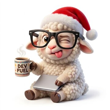 3D cartoon sheep programmer with laptop and coffee isolated on white background