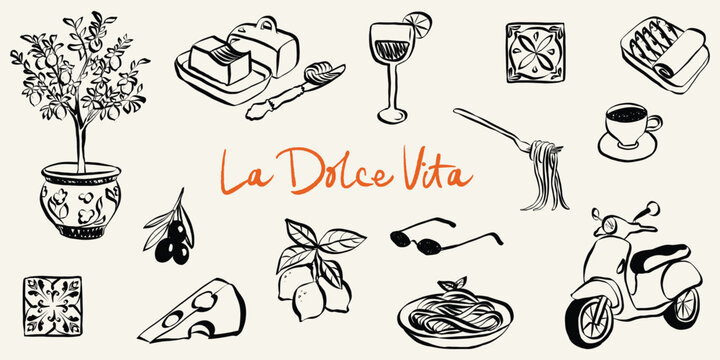 Whimsical doodle summer Italian clipart set. Mediterranean and Amalfi sketch style food and drink crayon icons. Wine, coffee and pasta quirky drawings. Crayon vector illustration.