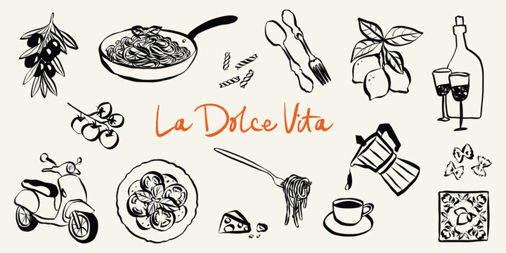 Whimsical doodle summer Italian clipart set. Mediterranean and Amalfi sketch style food and drink crayon icons. Wine, coffee and pasta quirky drawings. Crayon vector illustration.