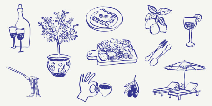 Whimsical doodle summer Italian clipart set. Mediterranean and Amalfi sketch style food and drink crayon icons. Wine, coffee and pasta quirky drawings. Crayon vector illustration.