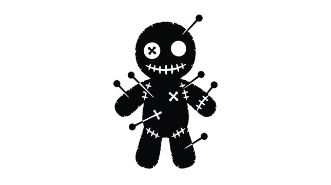 Voodoo doll silhouette featuring stitched features and sharp needles isolated on a clean white background for dark magical themed projects