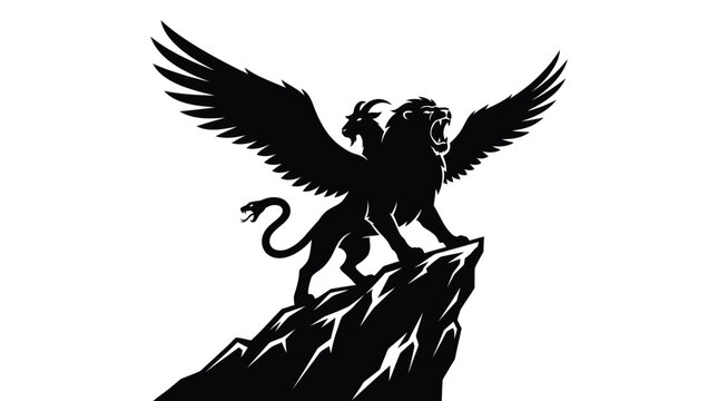 Majestic chimera creature with lion body and goat head standing on sharp rock pinnacle in bold black and white silhouette