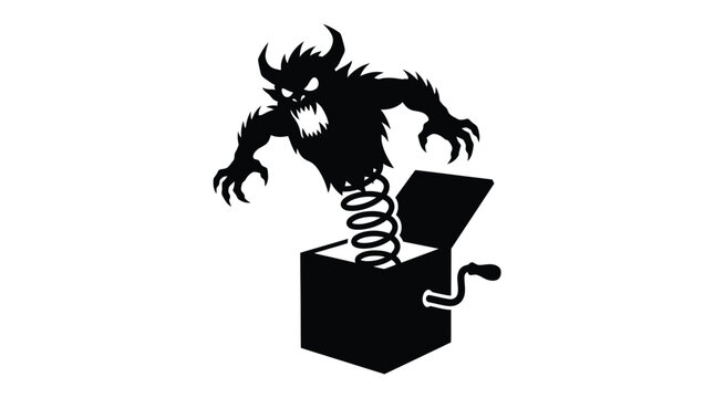 Scary monster jumping out from a vintage jack in the box toy graphic design illustration isolated on white background surface