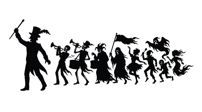 Spooky halloween parade silhouette featuring a marching circus ringmaster leading a troupe of skeletons ghosts and festive carnival monster performers