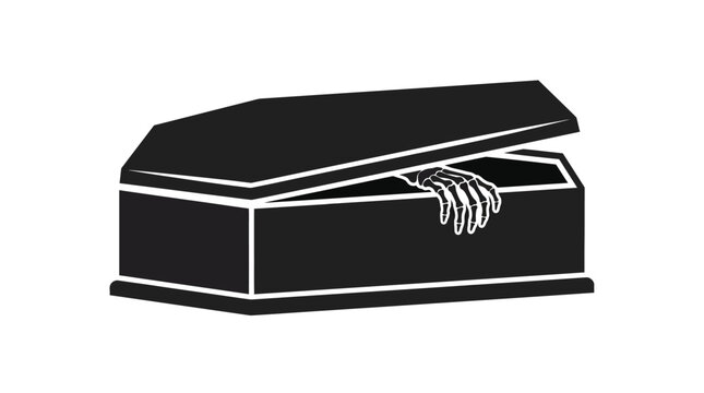 Scary black coffin illustration with spooky skeletal hand reaching out from inside featuring clean minimalist lines and bold white edges