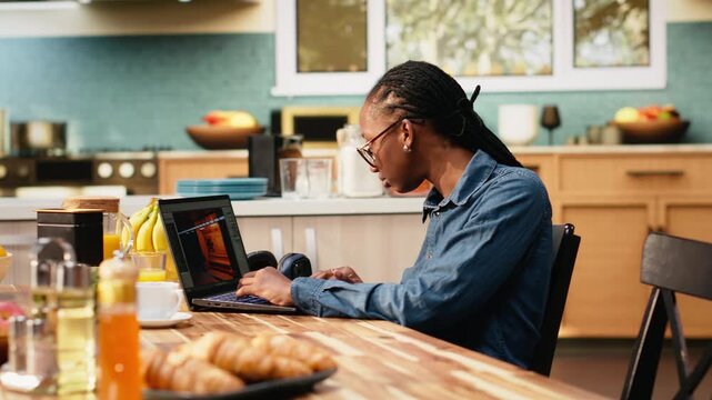 Portrait of woman developer working on game programming with laptop to build virtual 3D world, computer science used in game engine development.