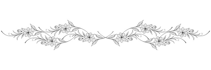 Fototapeta premium floral divider with leaves and flower botanical border black vector illustration isolated on transparent background