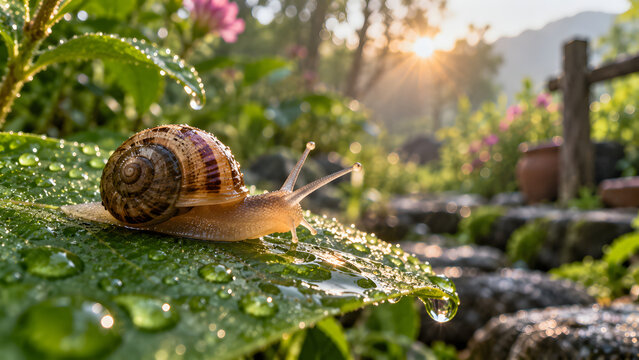Garden snail crawling on dew-covered moss with transparent background for editorial and commercial use