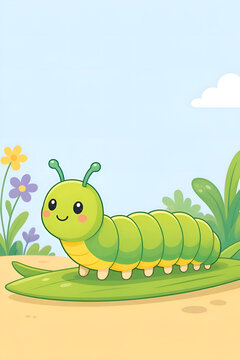 Cute green and yellow caterpillar crawling on a green leaf in nature