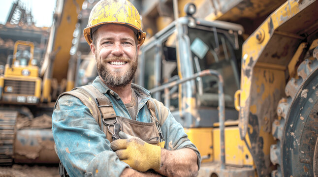 Construction industry, smiling heavy equipment operator wearing a safety helmet and work gloves standing beside excavators and bulldozers at a construction site.