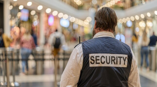 Shopping mall security, security guard monitoring visitors and maintaining public safety in a busy shopping center, protecting customers and commercial property.